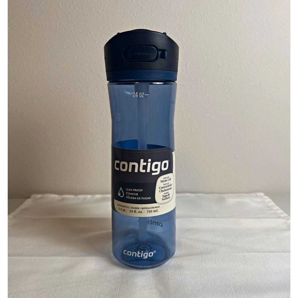 Contigo Ashland Leakproof Flip Top Straw Water Bottle 24 oz Blue Plastic